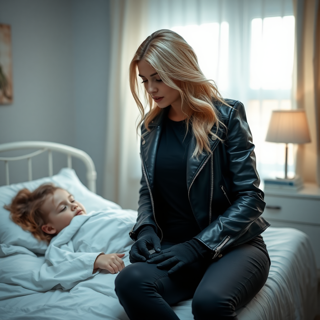 A beautiful blonde female burglar in a black leather jacket over a black t-shirt with black pants and gloves visits her sick little daughter lying in bed.