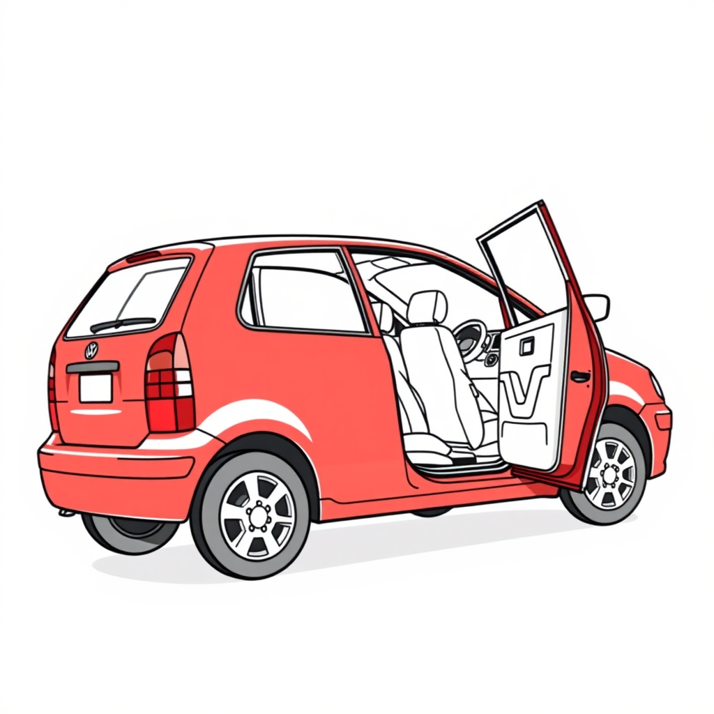 red vw polo II car, driver's door wide open, driving seat visible, long establishing shot, 2D, caricature, cartoon, Sketch lines, coloring book, coloring book style on white background, well composed, clean coloring book page, No dither, no gradient, strong outline, No fill, No solids, vector illustration, realistic proportions, blueprint, left side view