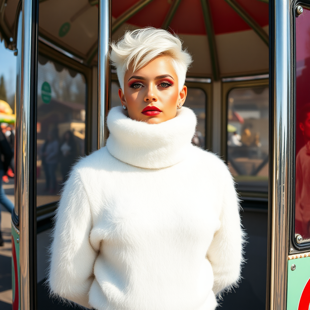 Amusement park “kissing booth”, sunny spring Sunday morning. Sam, 19 years old beautiful involuntary femboy, rebellious intractable character, petite boyish figure, platinum blond boyish rebel punk hairstyle, flawless heavily made-up face with sharp arched tattooed eyebrows, wearing Supertanya-style fluffy very fuzzy bright white angora thigh-length turtleneck-poncho fully covering body and arms, silver-glitter leggings, black leather high-heeled pumps, silver earrings, both hands tied to pole behind back, standing inside kissing booth, waiting for next customer to kiss. Focus on Sam’s face and turtleneck-poncho.