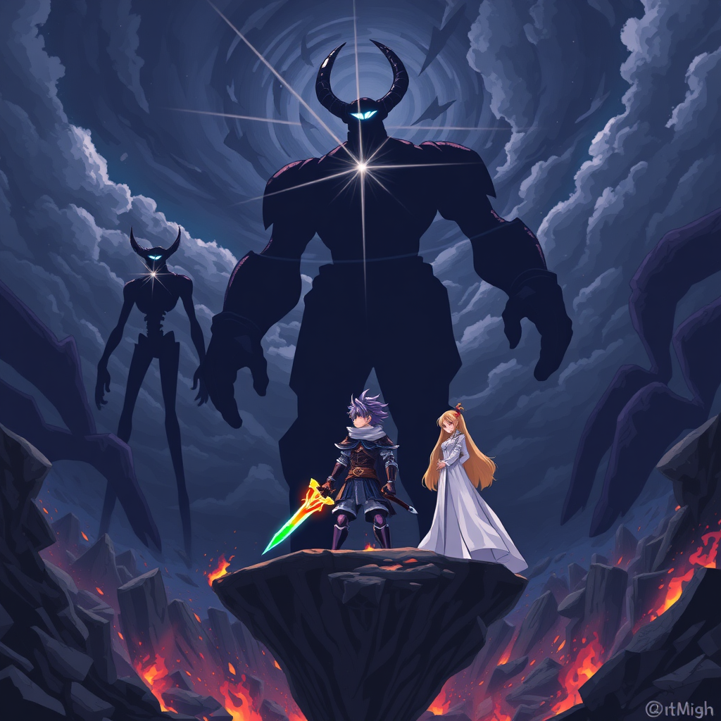 (Anime Style Pixel Art) An intense anime-style scene set against the backdrop of an apocalyptic world collapsing into chaos. The sky is dark and menacing, swirling with ominous clouds, while the ground below has shattered into a vast, bottomless abyss. Towering above the abyss stand three colossal humanoid figures, formed from pure darkness and shadow. Their bodies are void-like, with only a single large piercing white lens flare for an eye and scattered star-white flares glowing across their bodies. Two of the titans on each side are lanky, almost skeletal in their stick-figure-like appearance, while the center one is massive and grotesque, with two jagged horns protruding from its head, exuding an aura of raw power. These beings, the Void Titans, radiate malice as they approach.

In stark contrast, on a floating island amidst the destruction, stands a fearless teenage boy with striking purple hair, donned in gleaming purple-knight armor. His grip is firm on a magnificent rainbow-flaming sword, its vibrant flames reflecting his unwavering resolve. Beside him stands a serene young woman clad in flowing white robes, her golden hair shining like a beacon of hope, both of them poised to face the towering void-born entities as the world crumbles around them.