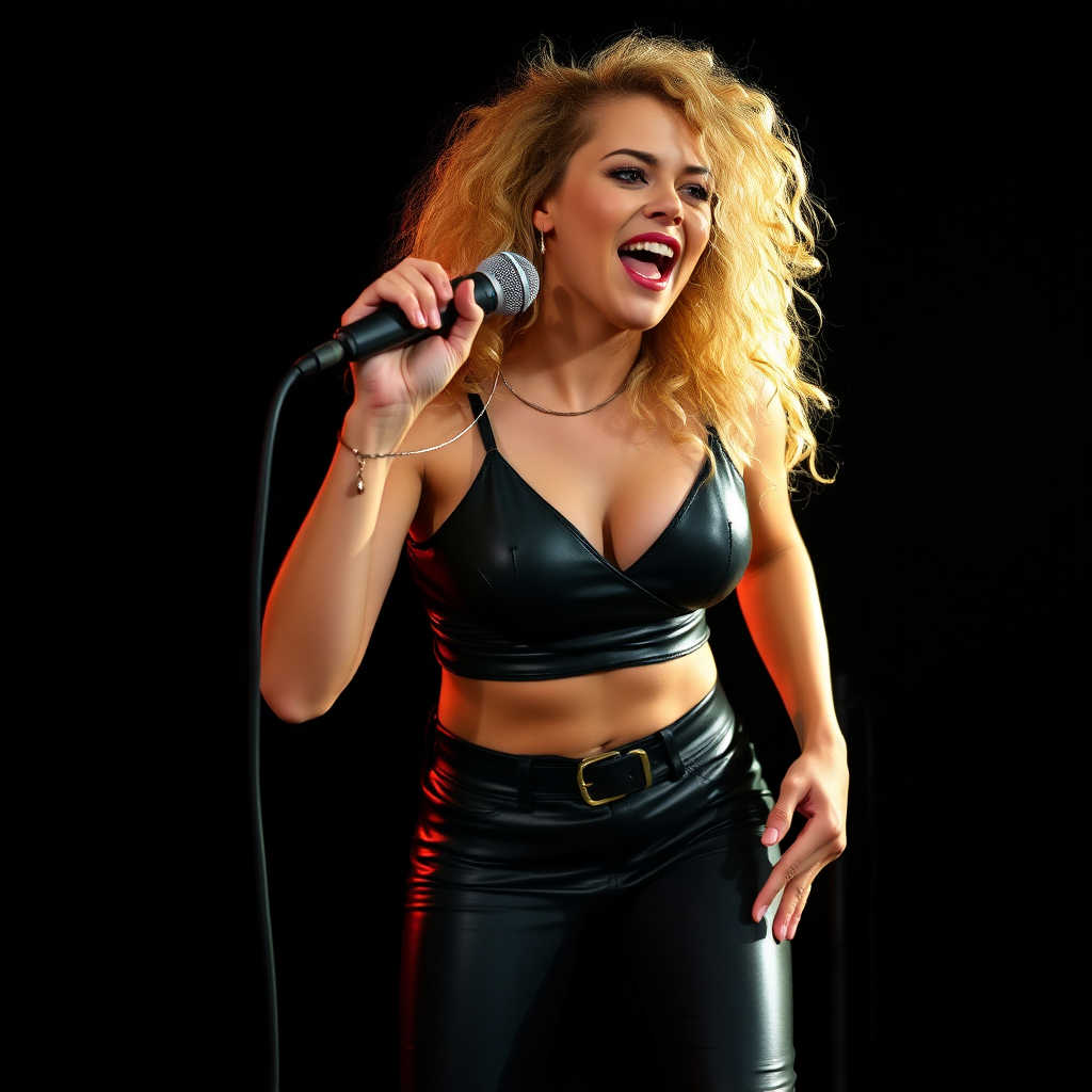 energetic young beautiful woman, leaning forward, very very large breasts, petite with big thighs, curly blonde, black leather top and pants, singing into a microphone with both hands grabbing the microphone, black background, warm lighting