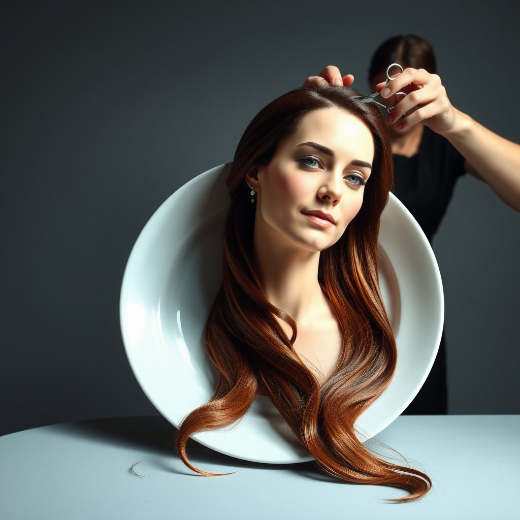 In a strikingly surreal scene, a beautifully crafted porcelain plate holds the disembodied head of a graceful Kate Middleton, her long, flowing hair cascading around like a luxurious waterfall of silky strands, shimmering in various shades of deep chestnut. Each hair seems to catch the light, creating an almost ethereal glow. Nearby, a meticulous hairdresser, dressed in a sleek black apron, carefully snips away at Kate's locks with precision scissors, their actions fluid and deliberate, emphasizing the delicate artistry of the moment.

The setting boasts minimalist decor, with a plain gray background that heightens the focus on this bizarre tableau. Soft shadows play across the smooth surface of the plate, enhancing the haunting beauty of Kate's serene expression, which conveys both elegance and an uncanny sense of stillness. The atmosphere is a blend of surreal calm and unsettling intrigue, pulling the viewer into a dreamlike space where reality and imagination intertwine. Gentle noises of scissors softly clipping away hair are the only sounds in this peculiar yet captivating scenario, heightening the tension and drawing viewers into this striking juxtaposition of beauty and the bizarre.