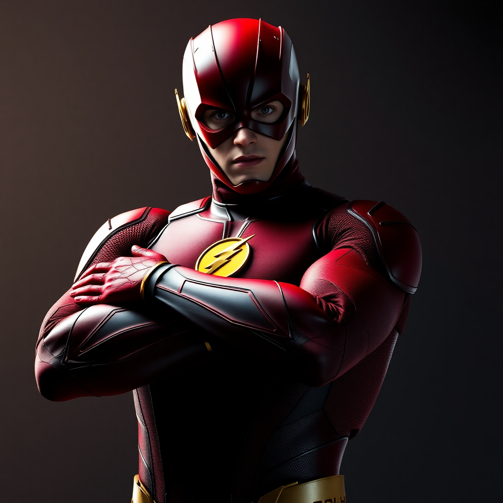 Grant Gustin as The Flash in action pose with his arms crossed, scarlet red costume with his mask taken off for all to see Barry Allen's face, digital art style, minimalist, ultra detailed, cinematic light, cinematic effects, cinematic film, live-action