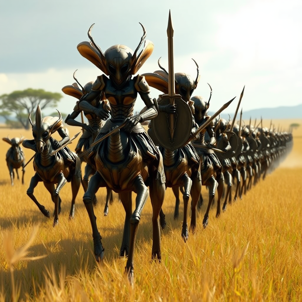 An army of bipedal insect aliens, marching across savannah on alien mounts, armoured, helmets, sword and shield, realistic