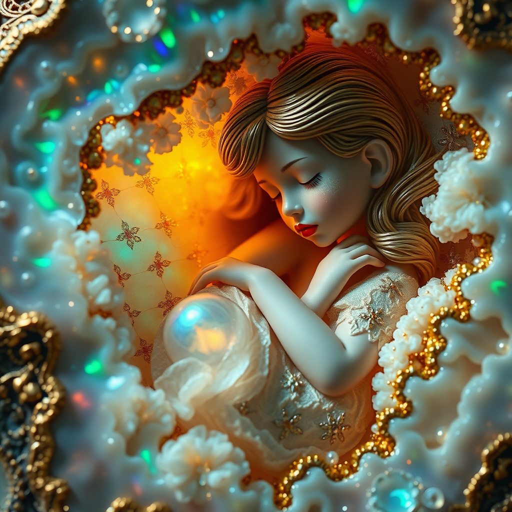 preteen girl statue sleeping in a geode, porcelain doll, artists doll, mandelbulb fractal, ultra-detailed, dynamic composition, artistic photograph, fractal, brilliant colors, glittering, illumination, transparency, translucent, opal, turquoise, gold, romanticism, sharp focus, pottery, floral, mother of pearl, iridescent, reflective, glossy