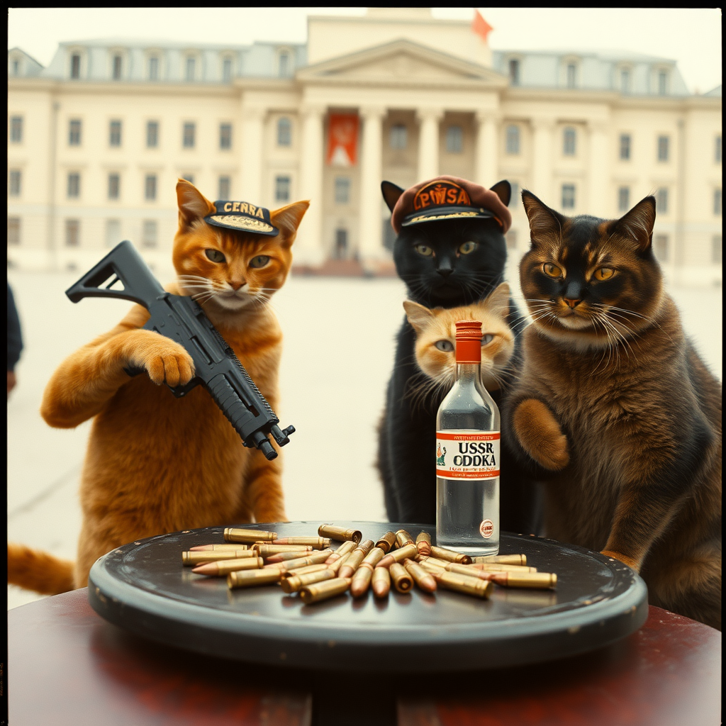 4 cat-men in a large square, a dark-skinned one holding an AK-47, an orange one with a Russian military cap, a dark brown and a light brown, USSR communist with VODKA, around a table with bullet casings on it (film photography style)