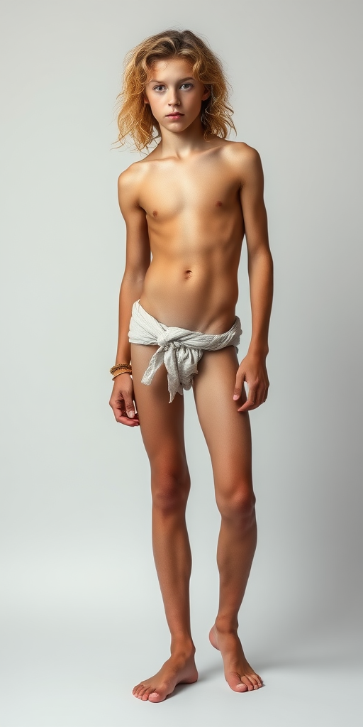 photorealistic, ultra high resolution, 16K, an ancient Greek skinny 12-years-old teen boy, long legs, bare thighs, curly blond long hairs, erotic posing. Full length view.