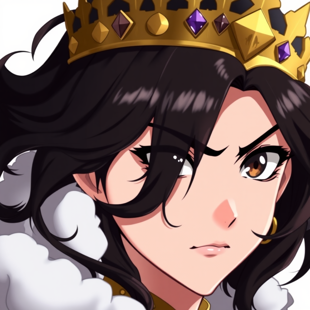 1girl, anime, highly detailed, fantasy, medieval, reluctant queen who has a scowl on her face, looking at the viewer. Her hair is wavy, black, and shoulder length. Her eyes are dark brown and have a confident and self-assured gaze to them. She is wearing a golden crown with gemstones.