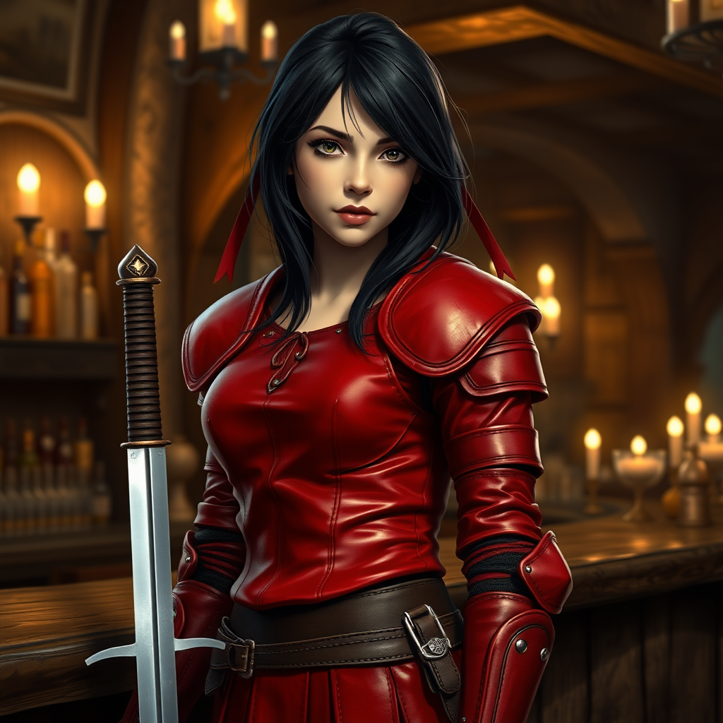 A photo realistic girl with black hair in red leather armor and wearing a sword in a scabbard on her side standing at the bar in a medieval tavern.