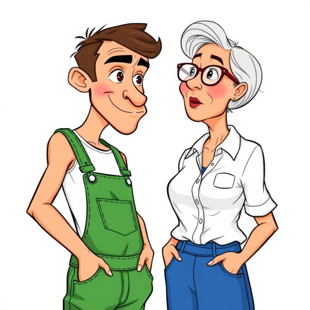 20 year old european skinny boy wearing green work overalls is blushing excited while listening to a 55 Years old, European, Latina, sharp aquiline nose, wrinkles, high cheekbones, Middle Eastern, Skinny, Tanned skin, Dark light skin, Rounded Medium breasts, Skinny thighs, full Makeup, jewelry, Serious face, Sharp nose, shocked, blushing, open mouth, horny, Ash hair, short bowl haircut, Brown eye color, Glasses, with detailed features. She is watching the boy, she is wearing a white shirt and a blue skirt, detailed fabric. full body, long establishing shot, 2D, caricature, cartoon, Sketch lines, coloring book, nlack and white, coloring book style on white background, well composed, clean coloring book page, No dither, no gradient, strong outline, No fill, No solids, vector illustration