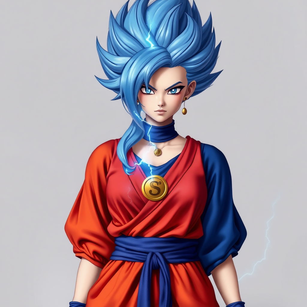 A female Super Saiyan Sacred clothing Hand-made style There is blue lightning in the hair Beautiful appearance