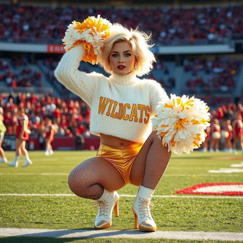 Sunny cold fall noon, college football stadium game, cheerleaders squat: Ana, European 17 years old very convincing femboy “QB’s trophy-bimbo”, tamed servile docile, very beautiful feminine flawless face, rather short boyish figure, platinum blond short tight curls, bold red lips, heavily made-up face, wearing cropped chunky fluffy very fuzzy bright white plushy mohair turtleneck-sweater with “gold “WILDCATS” letters, vinyl gold short shorts, mesh pantyhose, white vinyl thigh-high boots with golden heels, large gold-white pompoms, pearl earrings, pearl belly piercing, striking pearl tongue piercing, dancing with pompoms over her head, presenting her assets, trying to attract visitor’s coach.