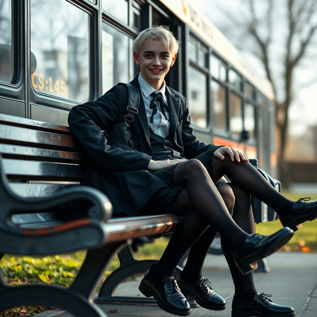 photorealistic, ultra high resolution, 16K, surreal fantasy, soft studio lighting, a pretty 18 year old goth male, slim male physique, short blonde hair, goth makeup, earrings, shiny black pantyhose, UK girls-school uniform, Mary-Jane shoes, sitting on his boyfriend's lap on a bench waiting for the school bus, in daylight, excited smile, facing the camera.