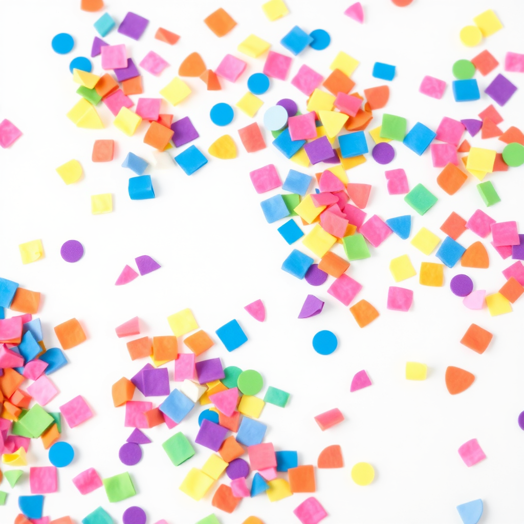 A high-resolution, vibrant image of colorful confetti pieces evenly scattered across a plain white background, clean, professional look, stock photo