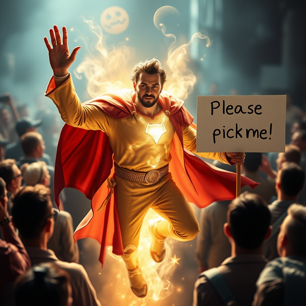 An ethereal mystic superhero eagerly jumps out of a crowd raising and waving his hand. His other hand holds a sign that reads "Please pick me!"