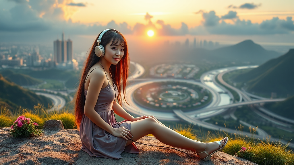 pretty Asian woman with long hair in pretty short dress, sitting on the ground with headphones, on an alien planet with an alien city in the background, nice greenery, flowers, rivers, and nice sunrise clouds, highways and streets, ultra realistic view and ultra high cinematic detail