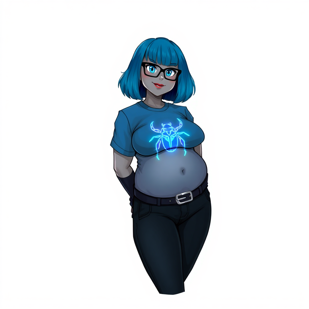 A 28-year-old, full-figured, metallic middle gray skinned computer program hybrid with a maximum blue bob cut. She has a non-athletic build, highlighted by a prominent, round midsection (with emphasis on her belly). As a digital sidekick, computer hacker, and nerdy girlfriend to her cyberpunk vigilante boyfriend, her middle gray metallic skin and maximum blue lipstick emphasize her digital nature. She wears a huge, tight-fitting, maximum blue t-shirt (accentuating her belly) with a neon blue glowing chest icon of a beetle, black pants, a black belt with a sapphire scarab buckle, and black gloves. Her bright blue eyes, black eyeglasses, and lovestruck smile with neon red blush accentuate her nerdiness. She stands bashfully with her hands behind her back, her t-shirt covering her midsection (especially her belly) and emphasizing her full-figured, non-athletic physique. She is on a solid white background. She is drawn as if she was in a retro 2D cyberpunk fighting game. She is clearly non-athletic, with a focus on her full-figured physique. Ensure her t-shirt covers her midsection (especially her round belly).