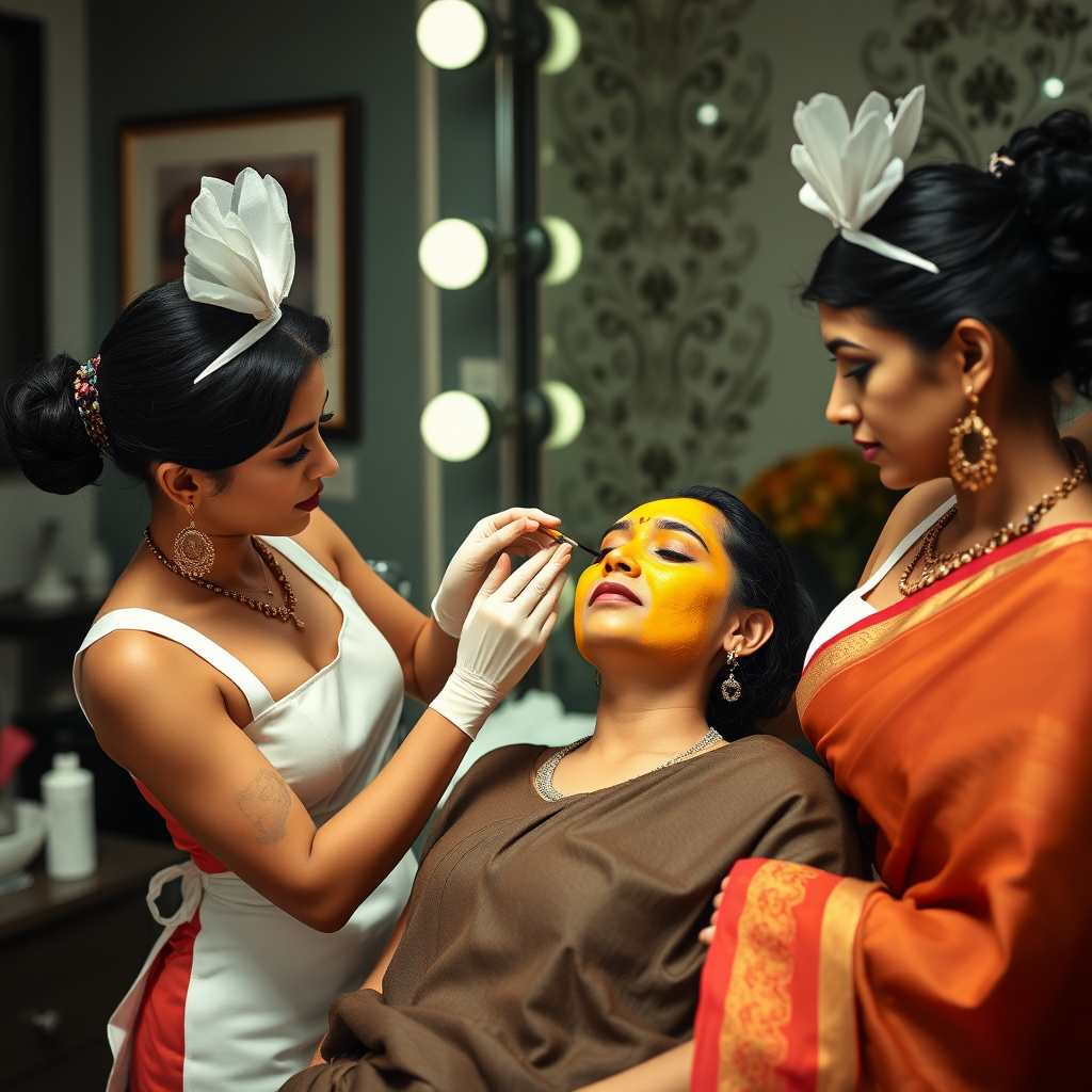 2 slim French maids, working in a beauty parlour, giving a turmeric facial to a wealthy Indian wife.