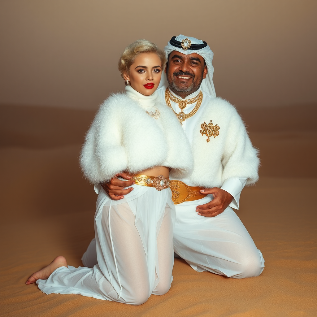 Kuwait desert dunes misty dawn: Melissa, European 17 years old very convincing femboy “trophy-bimbo”, tamed servile docile, very beautiful feminine flawless face, rather short boyish figure, platinum blond short tight curls, bold red lips, heavily made-up face, wearing Supertanya-style fluffy very fuzzy bright white angora turtleneck-poncho cropped ending under bust decorated with pearls and gemstones, striking oriental wide gold bridal protection belt, white fully transparent harem pants, full Oriental bridal jewelry with striking headpiece, full Oriental face-jewelry, striking diamond “$$$” letter brooch on left chest, pout frustrated, hands tied behind back, kneeling in sand with older overweight mighty sheik laughing, devotedly embracing Melissa..