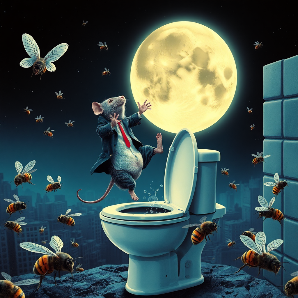 A rat politician diving off the moon into a toilet, bees, 2000s musical movie poster, no text, cyberpunk