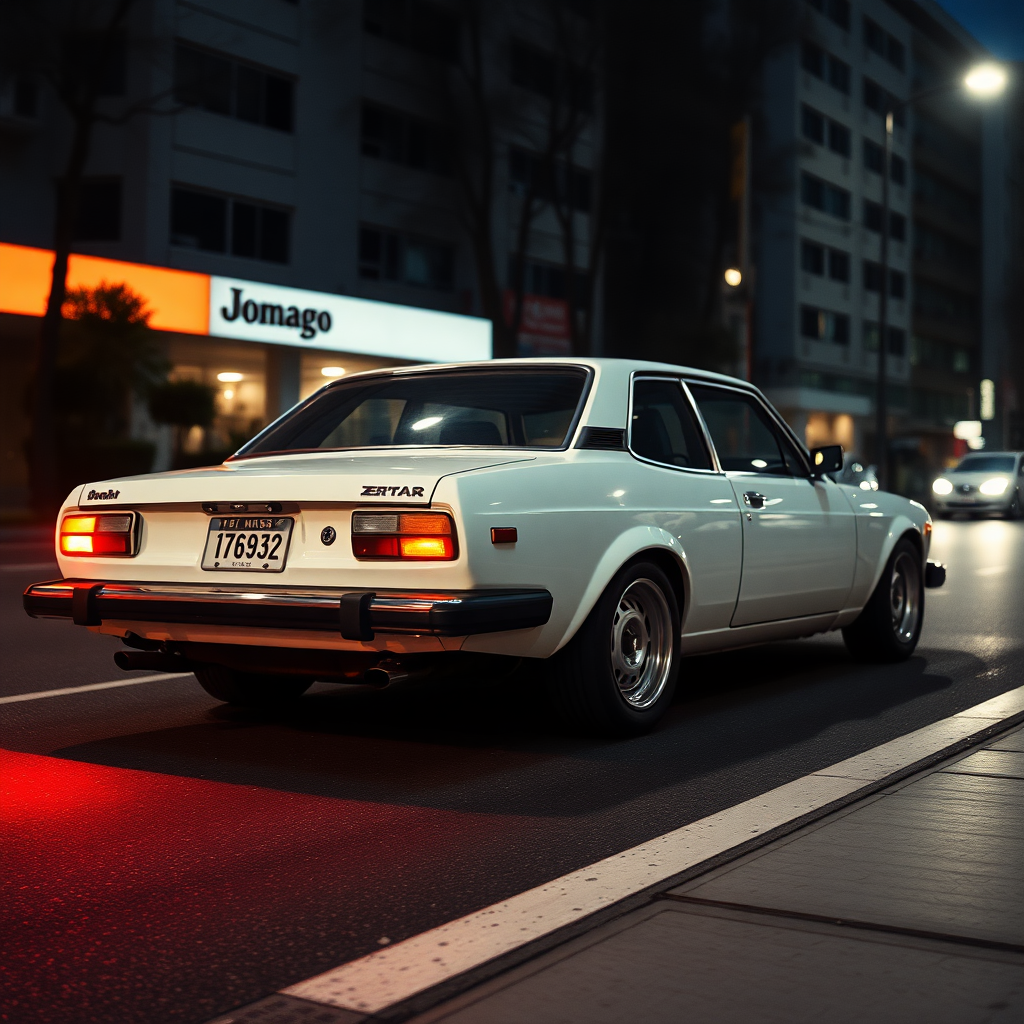 the car is parked on the side of the road, inspired by Taiyō Matsumoto, tumblr, restomod, nd4, c4 a white car is driving down the street, a picture, unsplash, shin hanga, 70's, looking regal and classic, fuji lut, poorly lit, mazoku, devils, lada, lowres, iso 500, backlighted, foam, vehicle photography, frank fanzzeta, 1 2 k, japanese, single light, basic, italian masterpiece