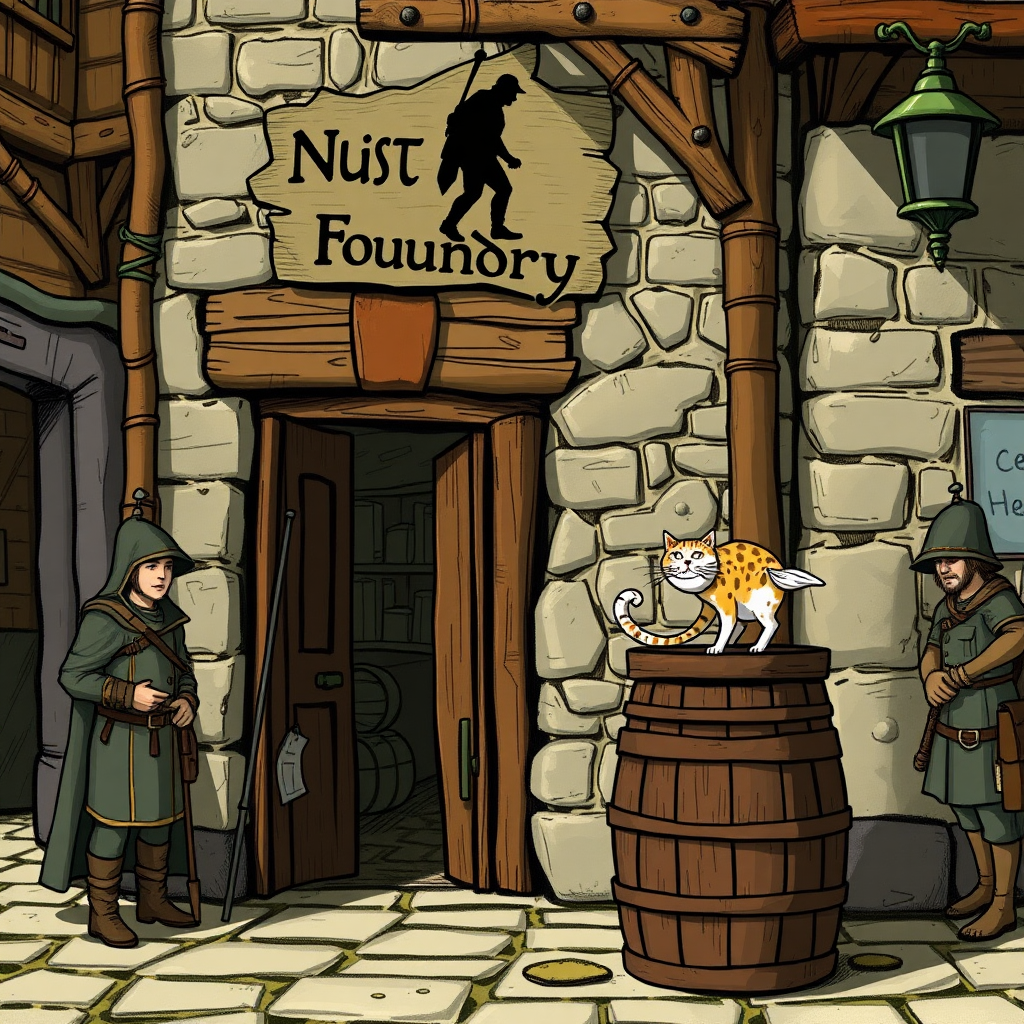 A city street in a fantasy village. Adventurer hastily leaving the door of a shop. Sign above the door says "Nudist Foundry" and there is a silhouette image of a man holding a very large pole from his waist on the sign. City guards walk by, and there is a cat on a barrel holding a fish in its mouth.