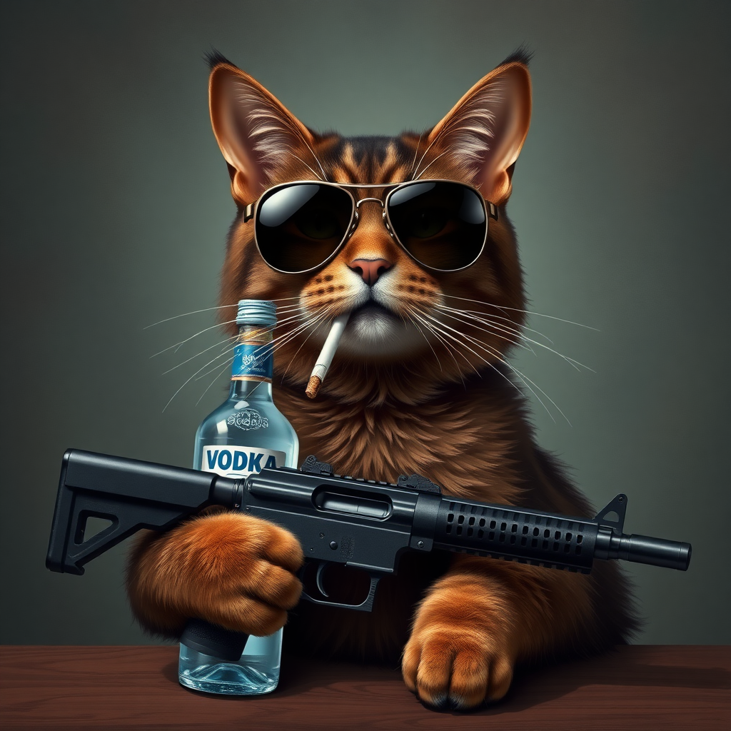 A dark brown cat with a bottle of vodka, a gun, sunglasses, and a cigarette in its mouth.