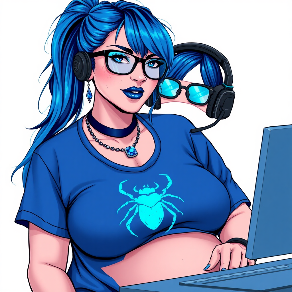 A cyberpunk vigilante’s full-figured intelligent and tech-savvy 28-year-old girlfriend, who is a computer hacker and tech genius. She has a long maximum blue ponytail. She wears maximum blue lipstick, bright blue eyes, a sapphire beetle gemstone necklace, sapphire earrings, black eyeglasses, and an oversized maximum blue t-shirt featuring a blue sapphire gemstone crusted scarab beetle chest icon. She has a full-figured physique with a prominent, massive, round belly, reflecting her well-cared-for lifestyle. She sports a sapphire headset with a hi-tech maximum turquoise lensed HUD, and a shy smile with a neon red blush. She serves as his tech expert from his hideout, diligently working at her lab table computer desk. The background is solid white. She is drawn as if she was in a retro 2D cyberpunk fighting game. Ensure her maximum blue t-shirt covers her belly.