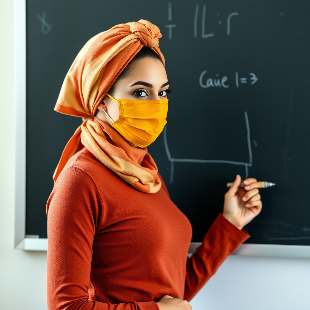 slim, 30 year old, sexy, french female school teacher, scarf head knot, turmeric face mask. She is smiling and teaching on a blackboard