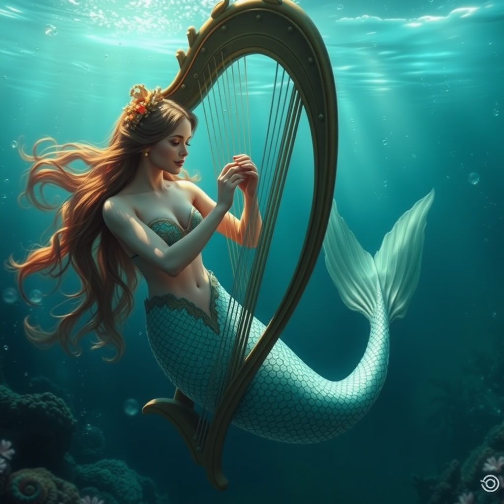 Mermaid with harp under water photorealistic