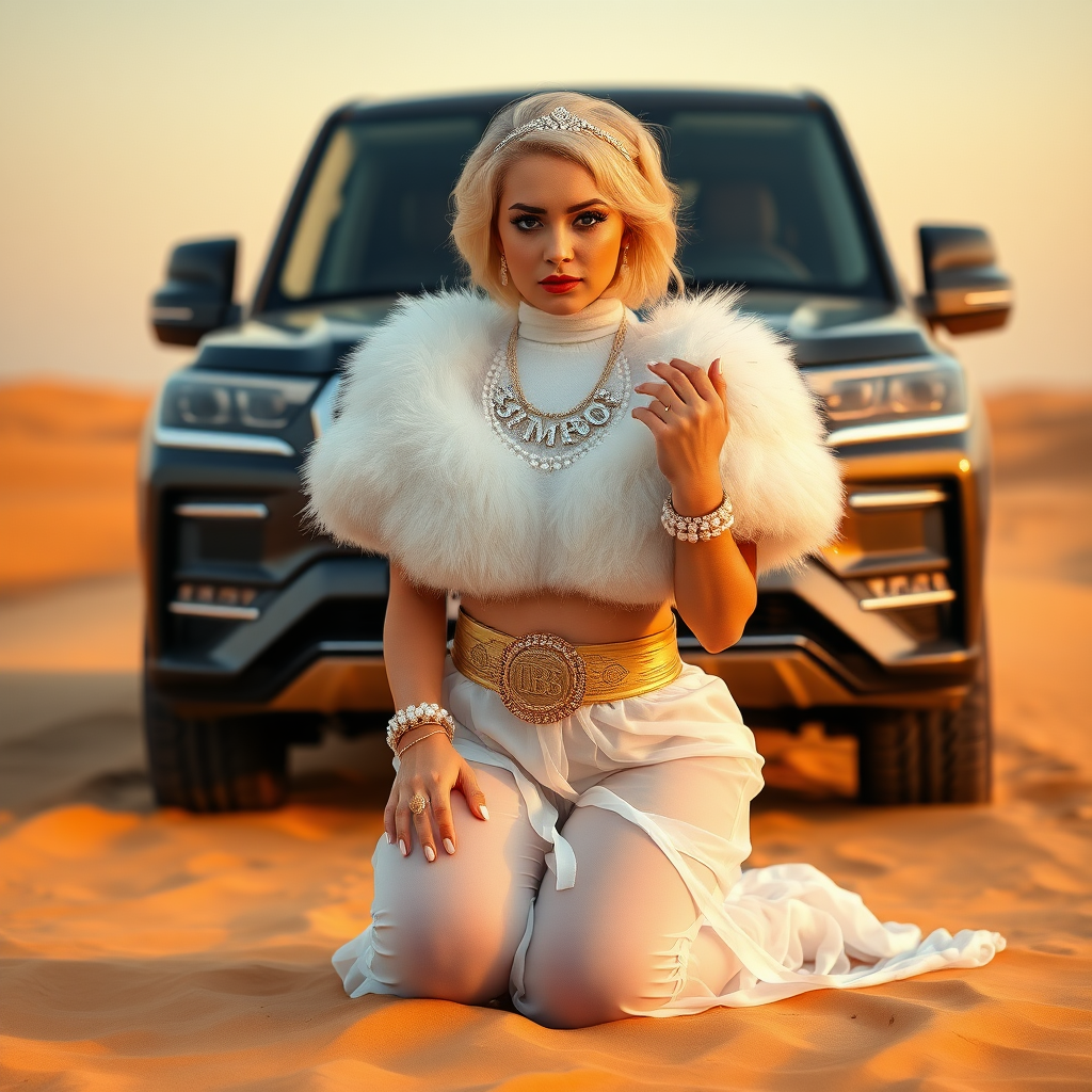 Kuwait desert dunes misty dawn, full size luxury SUV: Melissa, European 17 years old very convincing femboy “trophy-bimbo”, tamed servile docile, very beautiful feminine flawless face, rather short, by hormones very curvaceous womanly figured, platinum blond short tight curls, bold red lips, long white French nails, heavily made-up face, wearing Supertanya-style fluffy very fuzzy bright white angora turtleneck-poncho cropped ending under bust decorated with pearls and glass stones, striking oriental wide gold bridal protection belt, white fully transparent harem pants, full Oriental bridal jewelry including headpiece, nose-ring, coin wristlets, coin anklets, striking diamond “Bimbo” letter brooch on left chest, thick heavy pearl wristlets, pout frustrated, kneeling in sand in front of SUV, looking at camera. Focus on face and turtleneck-poncho.