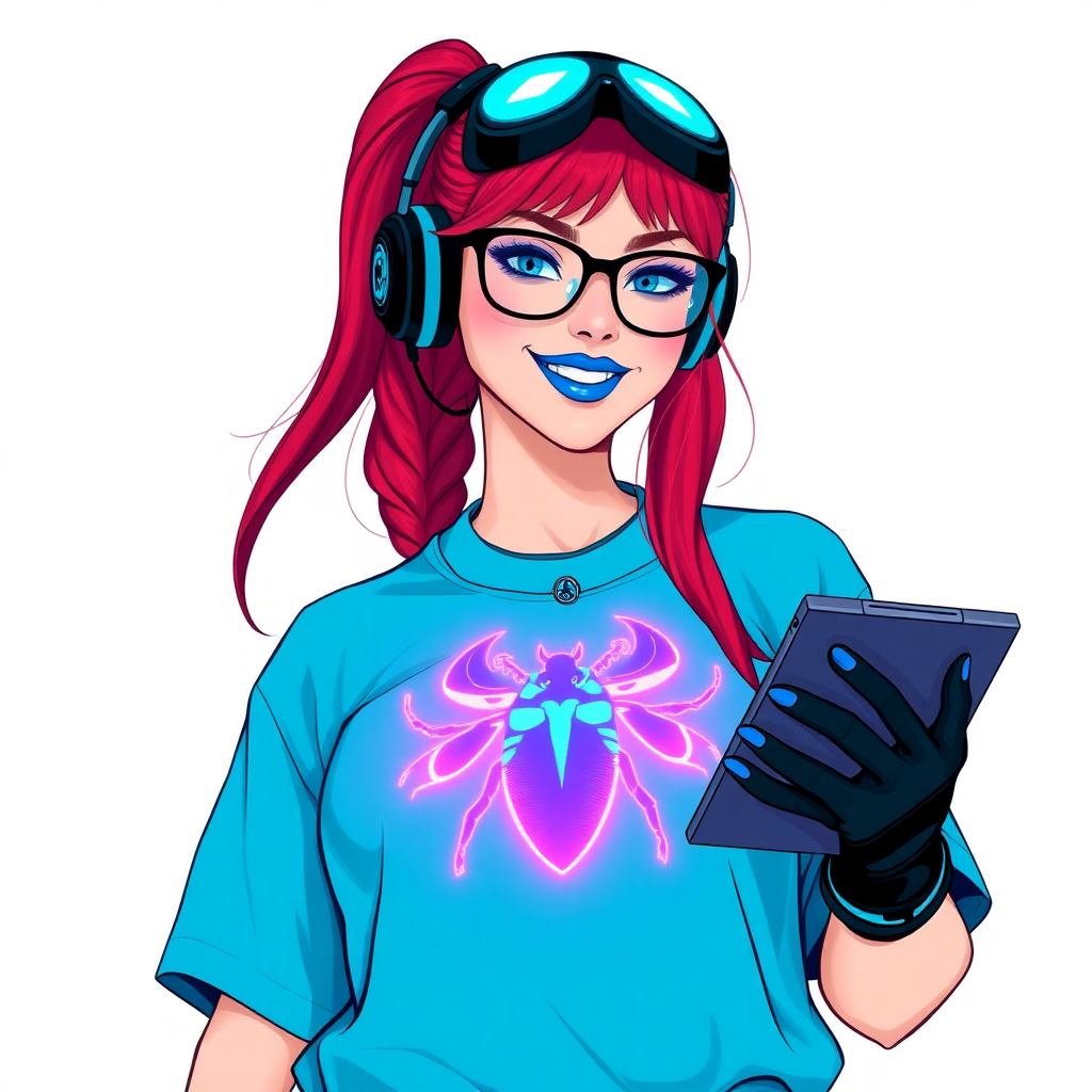 An intelligent and tech-savvy 29-year-old computer hacker and tech genius. She has a long ruby red ponytail. She wears maximum blue lipstick, blue eyes, a sapphire beetle gemstone necklace, sapphire earrings, black eyeglasses, hi-tech power gloves, and an oversized maximum blue t-shirt featuring a neon blue glowing beetle chest icon. She has a gargantuan full-figured physique with a prominent round gargantuan midsection, reflecting her well-cared-for lifestyle. She sports a sapphire headset with a hi-tech maximum turquoise lensed HUD, and a beaming smile accentuated by a passionate neon red blush. She serves as his tech expert from his hideout, holding a futuristic tool wrench and a futuristic digital tablet. The background is solid white. She is drawn as if she was in a retro 2D cyberpunk fighting game.