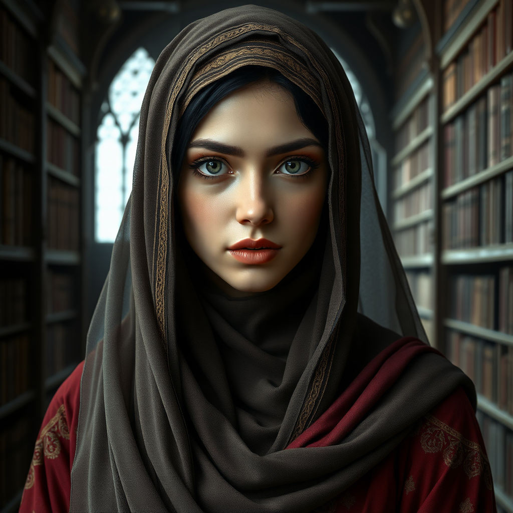 In the world of Vampire the Dark Ages, a beautiful and enchanting veiled 17-year-old Muslim woman with Arab features and a cadaverous complexion, dressed like a medieval Persian woman. The image should show the character from head to waist without revealing her hair or neck. The background should depict a medieval library. High definition, photorealistic, 16K.