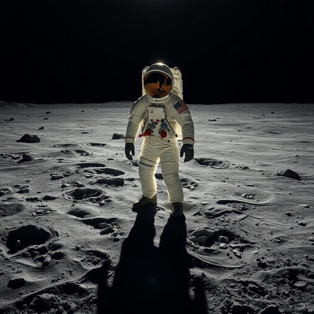 Astronaut standing on the moon's surface under a stark black sky, the scene evokes a hyper-realistic aesthetic. The textured gray lunar soil is scattered with footprints, showcasing a sense of exploration and isolation. The astronaut's suit is detailed, featuring the American flag and various tools attached to the suit, reflecting the sun's light in a luminous, metallic sheen. Deep shadows elongate across the surface, creating dramatic contrasts with the bright highlights of the suit and surrounding dust. Surrounding features include scattered rocks and a distant horizon, enhancing the otherworldly atmosphere. Overall, the color palette comprises muted grays, blacks, and subtle highlights of white and gold, emphasizing the desolation and beauty of the lunar landscape.