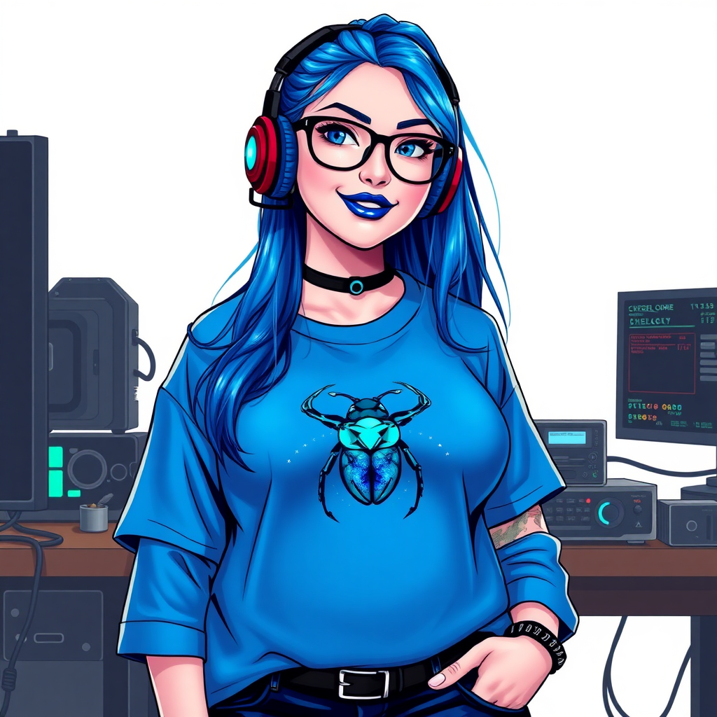 A cyberpunk vigilante’s full-figured intelligent and tech-savvy 28-year-old girlfriend, who is a computer hacker and tech genius. She has a long maximum blue ponytail. She wears maximum blue lipstick, bright blue eyes, a sapphire beetle gemstone necklace, sapphire earrings, black eyeglasses, and an oversized maximum blue t-shirt featuring a blue sapphire gemstone crusted scarab beetle chest icon. She has a full-figured physique with a prominent, massive, round belly, reflecting her well-cared-for lifestyle. She sports a sapphire headset with a hi-tech maximum turquoise lensed HUD, and a shy smile with a neon red blush. She serves as his tech expert from his hideout, diligently working at her workbench and computer desk. The background is solid white. She is drawn as if she was in a retro 2D cyberpunk fighting game. Ensure her maximum blue t-shirt covers her belly.