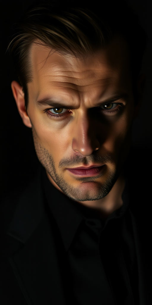 A clever-looking man with a piercing gaze, set against a dark, moody background. His face is partially illuminated by a soft, dramatic light, highlighting his sharp features and intense eyes. He wears a dark suit, his expression calculating and mysterious, as if he's deep in thought or planning something. The shadows around him add to the feeling of secrecy and intrigue, with a dark, almost noir atmosphere. half body