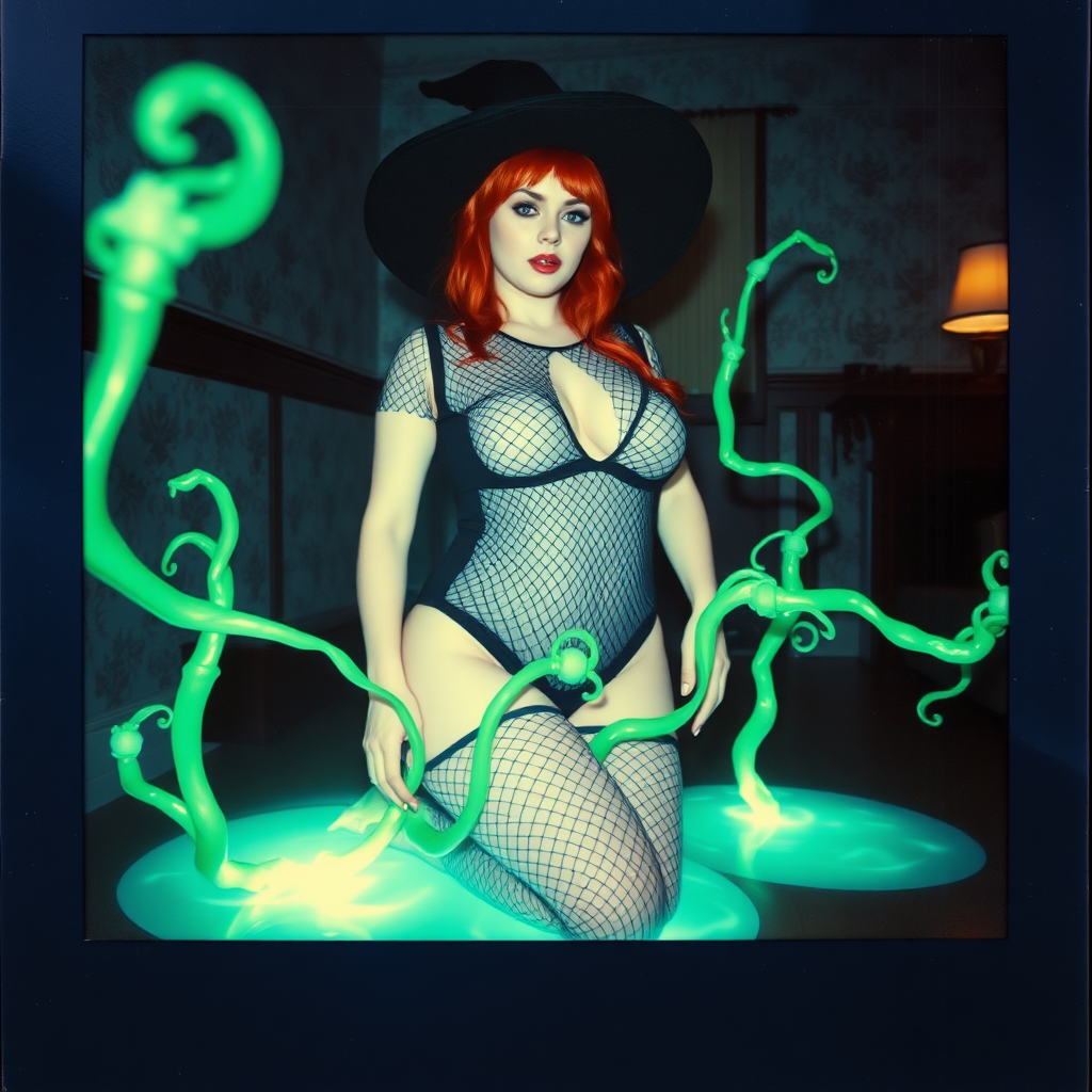 Scan of an old polaroid photo with heavy dark vignetting and a blue color tint to the photograph and visible light leaks.  The photo depicts a sexy alt goth girl with pale skin and red hair. She has a plump booty.  She has large breasts with ample cleavage and is wearing a black fishnet bodysuit.  She is wearing a witch hat.  She is surrounded by glowing translucent green vine coming out of magic bright glowing pools of water on the floor, wrapped around her arms and legs.  She is straddling a green vine between her legs.  The image looks hazy and grungy.  She is in an old house with wallpaper on the walls.  Dark lighting with camera flash used. Candid