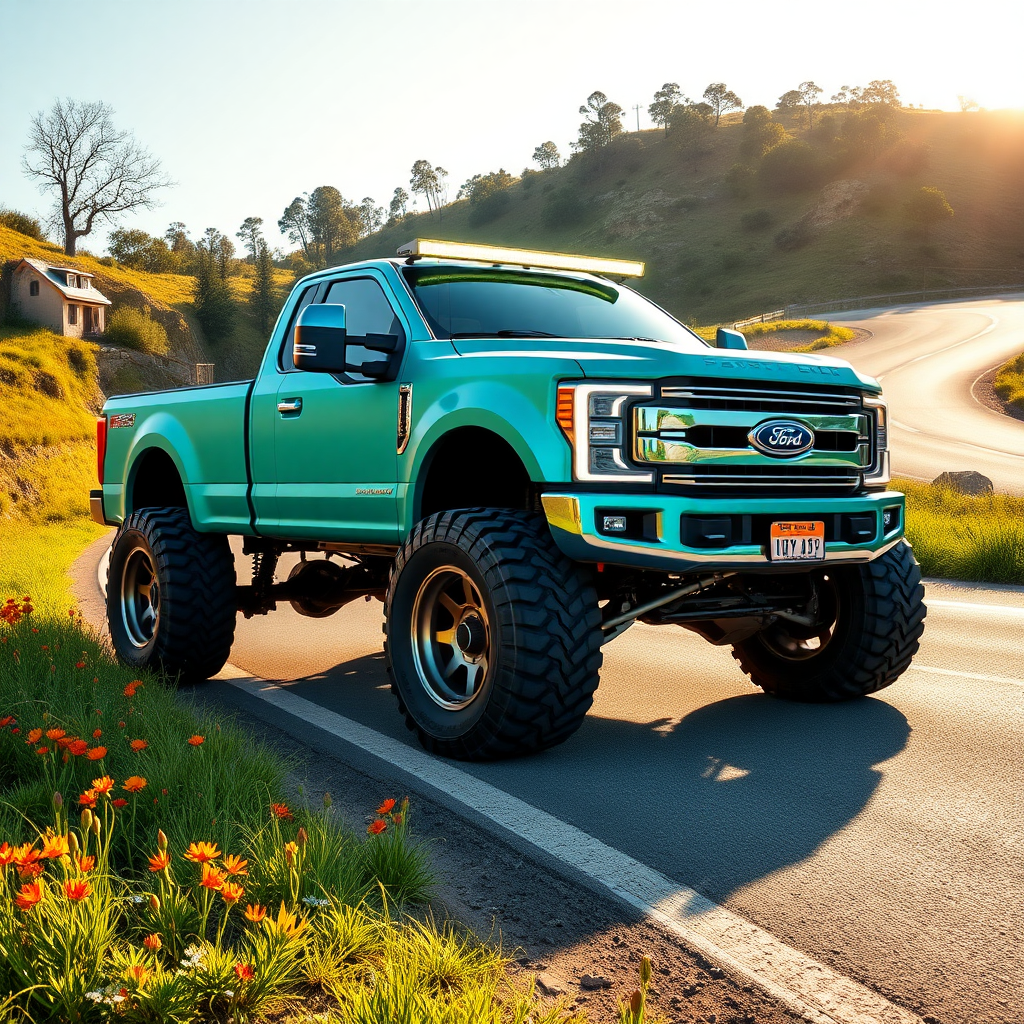 Alongside a sun-drenched, winding road flanked by vibrant wildflowers, a rugged restomod Ford 4x4 pickup truck stands proudly. Its matte turquoise paint gleams under the warm afternoon sun, reflecting hints of the surrounding landscape. The vehicle, reminiscent of Taiyō Matsumoto's distinctive art style, features smooth, flowing lines and a stylized light bar that glimmers like a beacon, hinting at adventures yet to come. The chunky tires, caked with remnants of previous off-road escapades, hint at a life lived on the edge of exploration. Sunlight dances across the polished chrome detailing, intensifying the gritty, powerful aesthetic of this monster truck. Nearby, patches of bright green grass sway gently in the warm breeze, and the faint sound of chirping crickets fills the air, creating a lively but relaxed atmosphere, as if the very environment reflects the spirit of freedom that this striking vehicle embodies. A hint of gasoline mingles with the scent of wildflowers, providing an olfactory reminder of the journey that has brought the truck to this tranquil roadside haven.