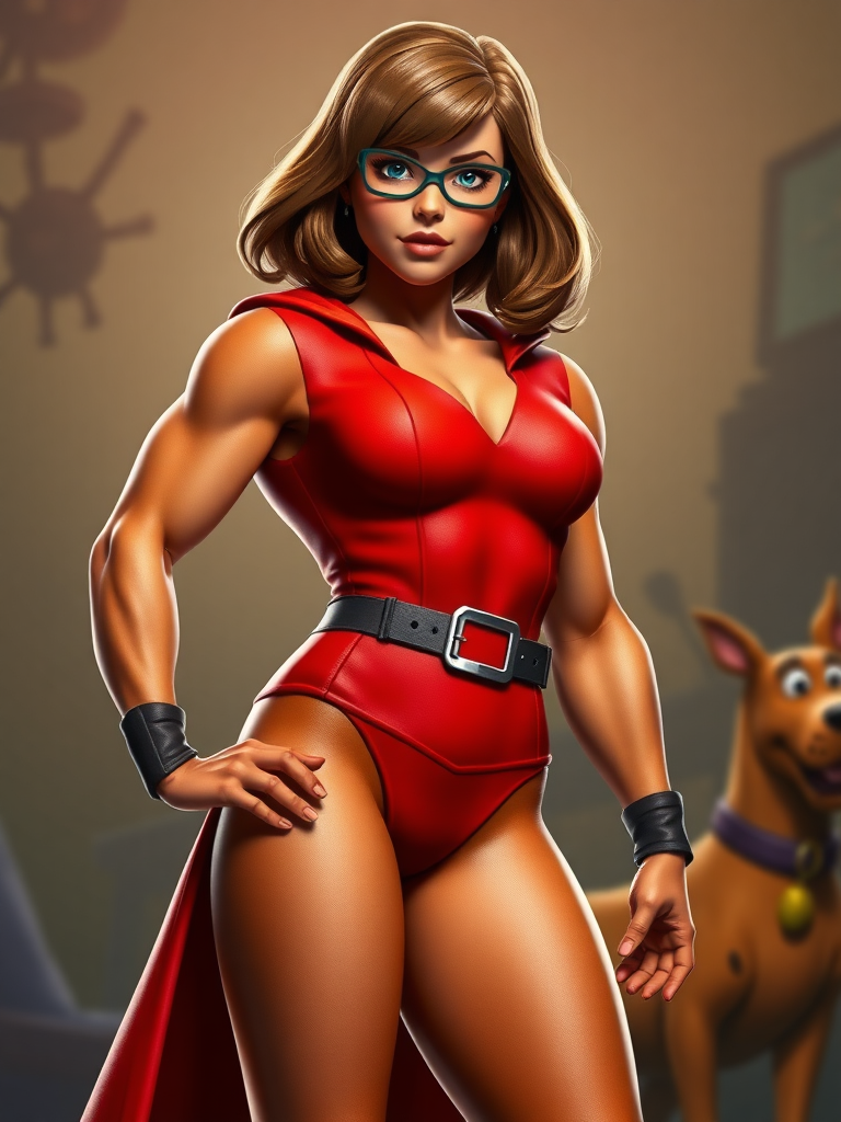 Create a full-length hyper-realistic render of Velma Dinkley reimagined as a muscular male character, featuring a chiseled superhero build. Focus on defined muscles and a V-shaped torso, maintaining Velma's head and costume intact while adjusting the silhouette for a masculine appearance. Position the character in a dynamic pose. Include a background that complements the character's playful and adventurous nature, perhaps a mystery-themed setting or a Scooby-Doo-inspired scene. Aim for vibrant colors and detailed textures to enhance realism and visual impact.