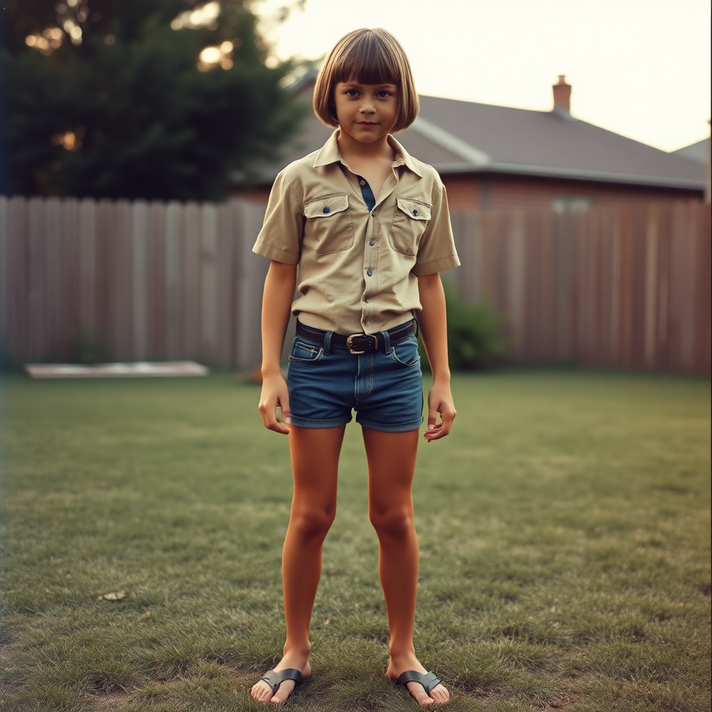 tall 14yo teen boy, long hair bob cut, wearing shirt and very tight booty shorts, long legs, narrow thighs, full-length front view. 1970s. Playing at backyard. photorealistic, ultra high resolution, 16K, Negative: grainy, blurry, bad anatomy, extra limbs, watermark.