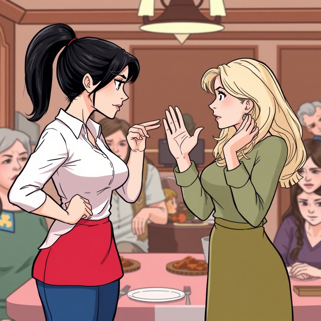 An illustration of two women in a subtle confrontation. One woman has clean ponytail dark hair and is standing with one hand on her hip and the other hand pushing against the other woman's face. She looks stern and confident. She is standing her ground. The other woman has long, wavy, light-colored hair and is standing with her hands raised, looking frustrated or manipulative. The background is in a family dinner surrounded by unhappy family members.