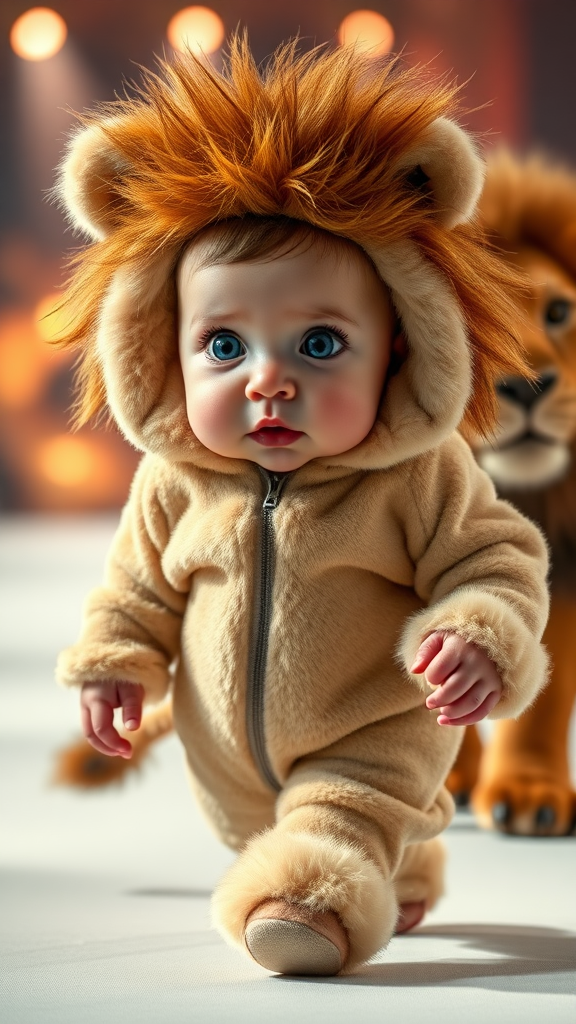 A cute small chubby fair baby with big eyes, pink lips, and pink cheeks, wearing a furry cozy lion costume, doing ramp walk in a fashion show, walking with a real lion. Cinematic.