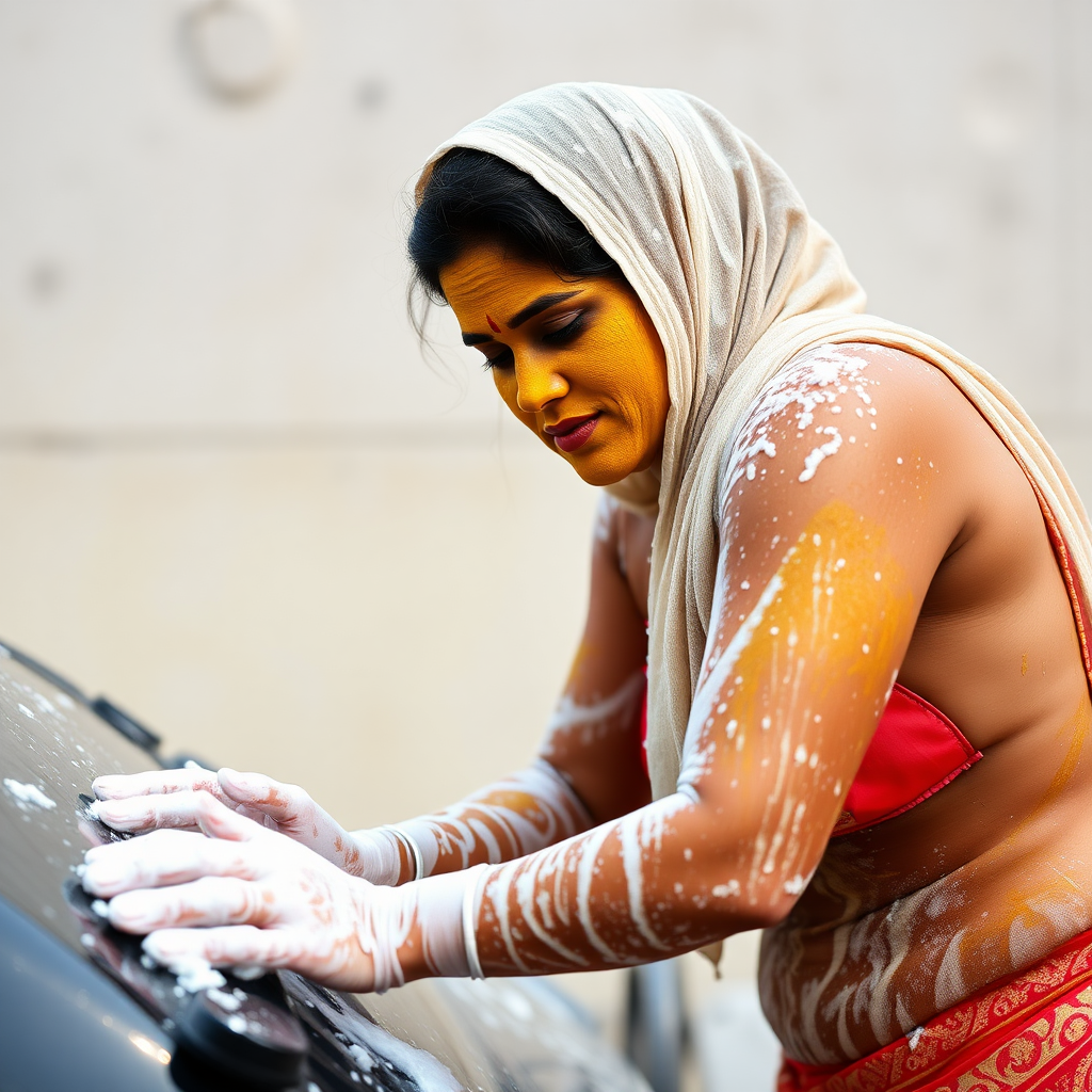 slim, curvy, traditional 30 year old indian maid with hair covering, her face is covered with turmeric mask and body is covered with soap lather. she is washing a car