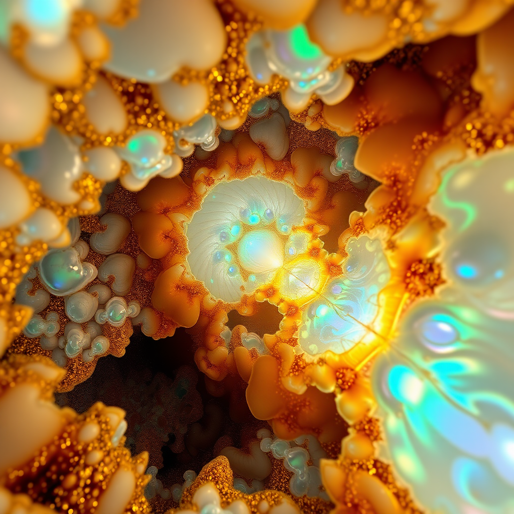 under water cave, abstract, mandelbulb fractal, ultra-detailed, dynamic composition, artistic photograph, fractal, brilliant colors, glittering, transparency, translucent, opal, gold, romanticism, sharp focus, floral, mother of pearl, iridescent