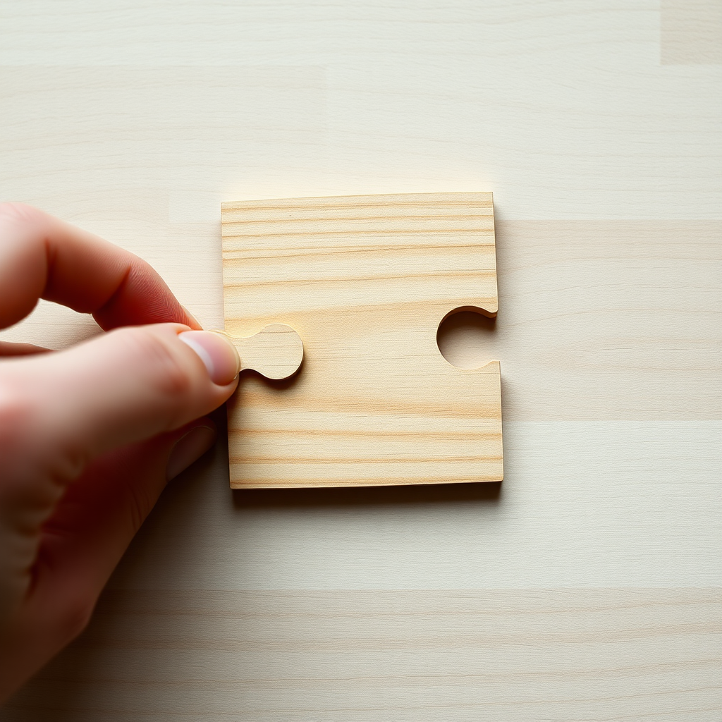 Create an image of a wooden puzzle that is missing one piece, and someone is trying to fit an incorrect puzzle piece into the missing spot.