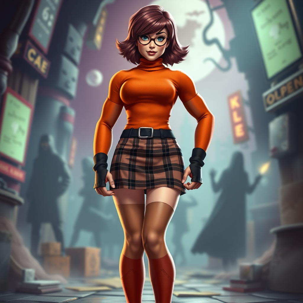 Create a full-length rendered image of a hybrid character inspired by Velma Dinkley, featuring a muscular male superhero body type while keeping the original head and hair intact. Alter the costume to fit the new proportions, incorporating elements like a tight-fitting orange turtleneck, a short plaid skirt adapted for a muscular build, and knee-high socks. The background should reflect the adventurous worlds associated with the character, showcasing a vibrant mystery-setting filled with clues, shadowy figures, or spooky elements, emphasizing an engaging and dynamic atmosphere. Aim for a dynamic pose that showcases strength and intelligence, reflecting the character's essence in this unique depiction.