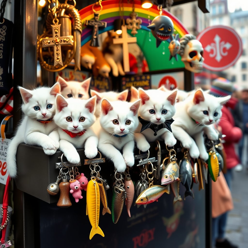 A street stall staffed by white kittens filled with kitschy keychains for tourists in Berlin, cats, Catholic, vampire, cross, tacky, rainbow, raining, weird, post-apocalypse, fish