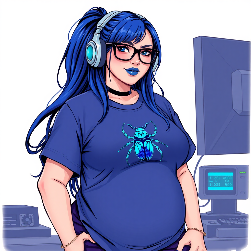 A cyberpunk vigilante’s full-figured intelligent and tech-savvy 28-year-old girlfriend, who is a computer hacker and tech genius. She has a long maximum blue ponytail. She wears maximum blue lipstick, bright blue eyes, a sapphire beetle gemstone necklace, sapphire earrings, black eyeglasses, and an oversized maximum blue t-shirt featuring a blue sapphire gemstone crusted chest icon of a beetle. She has a full-figured physique with a prominent, massive, round belly, reflecting her well-cared-for lifestyle. She sports a sapphire headset with a hi-tech maximum turquoise lensed HUD, and a shy smile with a neon red blush. She serves as his tech expert from his hideout, diligently working at her workbench and computer desk. The background is solid white. She is drawn as if she was in a retro 2D cyberpunk fighting game. Ensure her maximum blue t-shirt covers her belly.