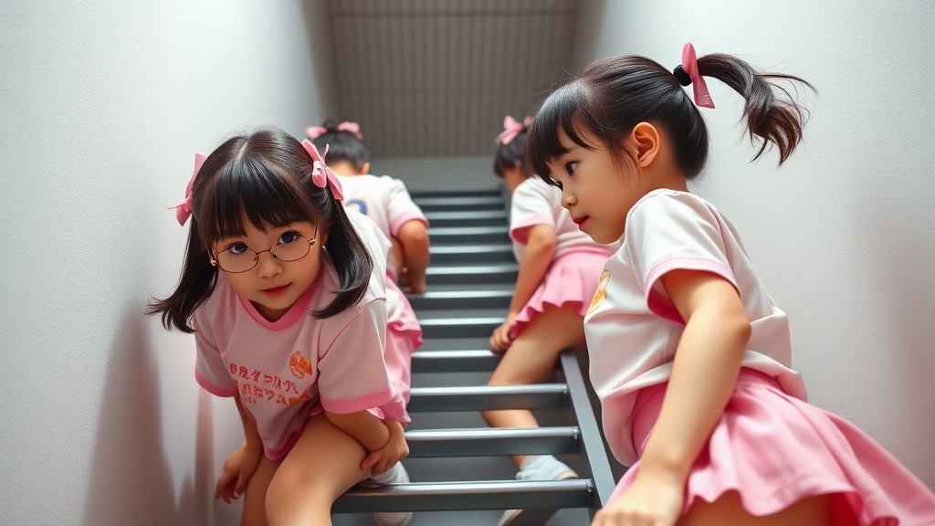 Chubby 14-year-old Japanese schoolgirls in pink pigtails, tiny or small skirts, climbing a ladder, read low angle POV.