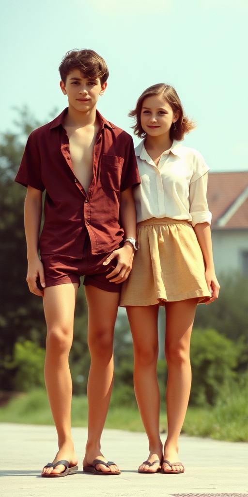 Vintage photo, 1980s. Hot summer. Germany. A tall skinny 13yo teen boy wearing short shirt, tight booty shorts, long legs, bare thighs. With a girl wearing shirt, long skirt. Full length view.